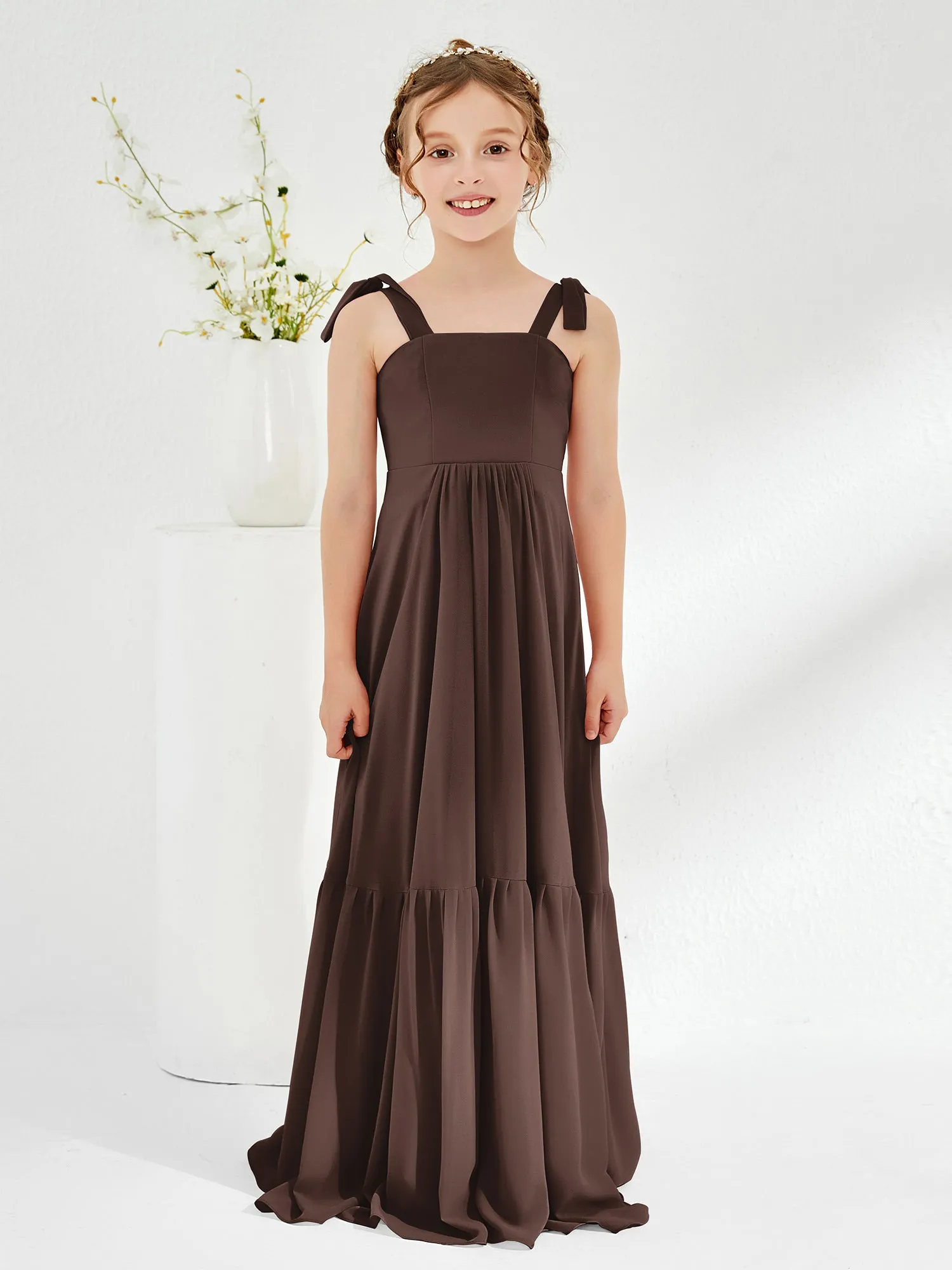 A-Line Bow Ruffle Junior Bridesmaid Dresses Chocolate