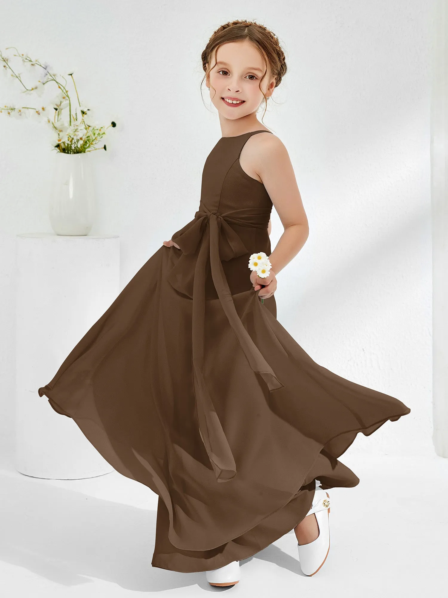 Bateau Neckline Junior Bridesmaid Dresses with Sash Brown