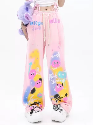 Cute Cartoon Loose Fit Cotton Jeans