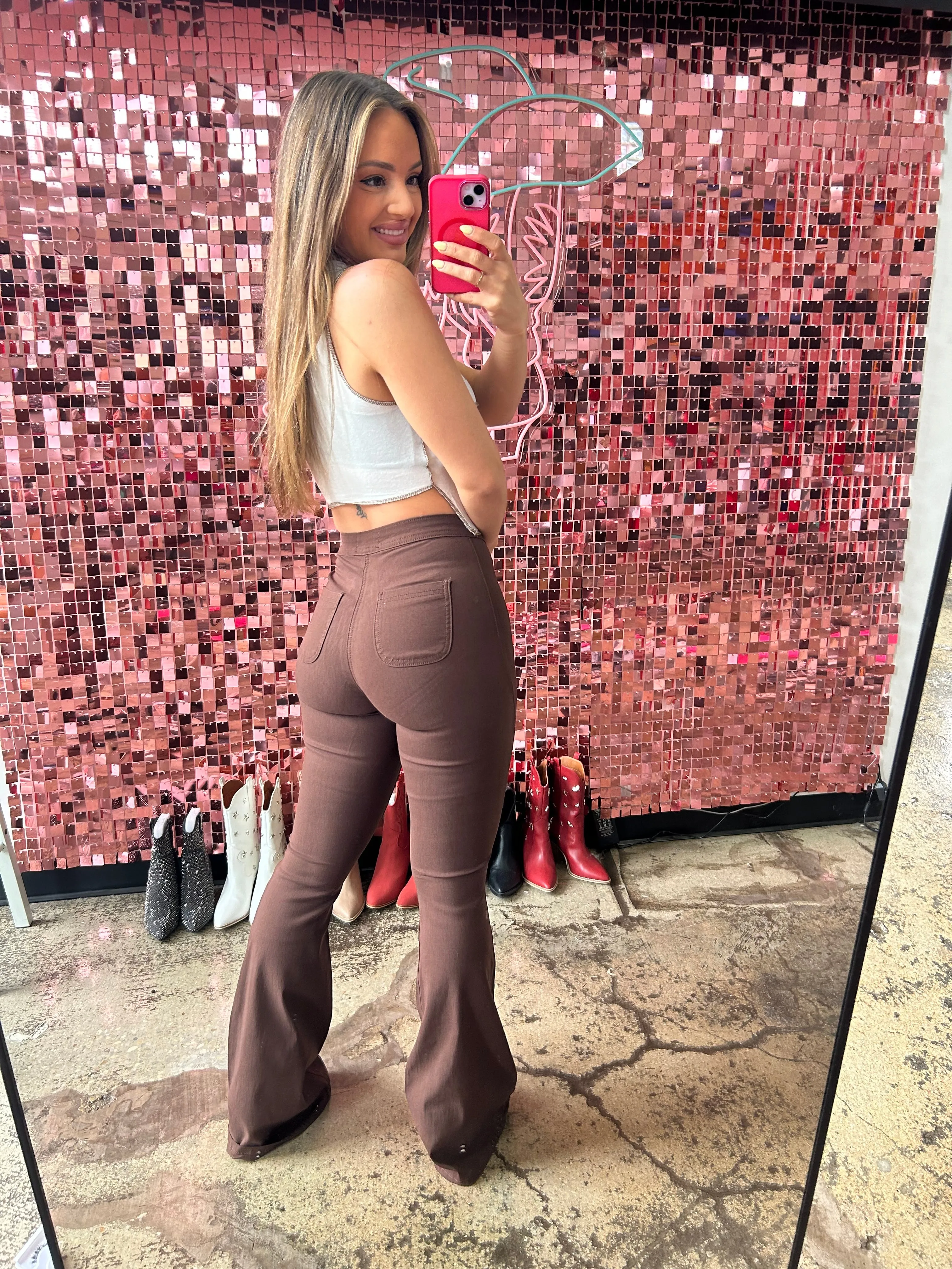 Fiona High Waisted Bell Bottom Flare Jeans - Chocolate Brown