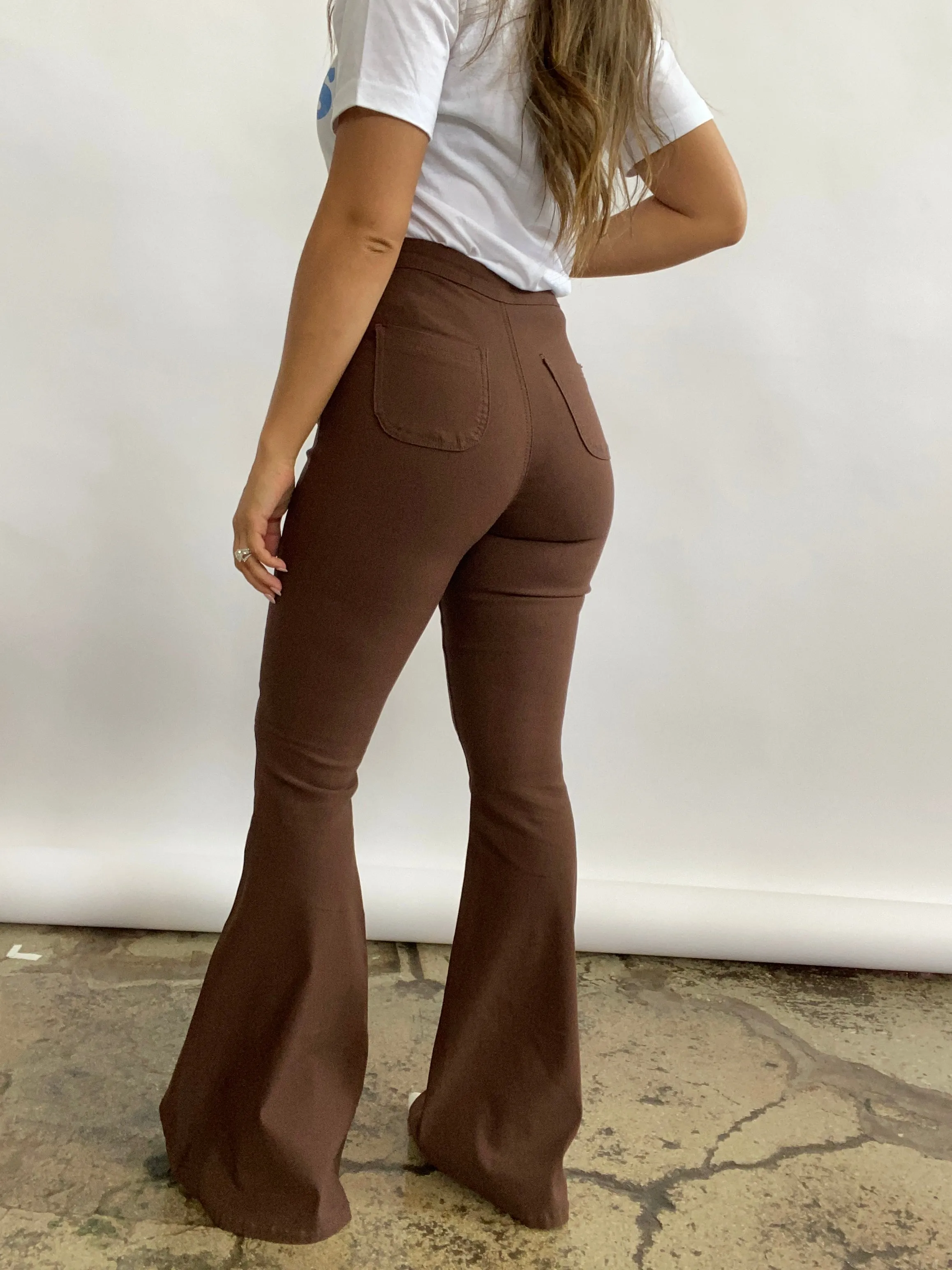 Fiona High Waisted Bell Bottom Flare Jeans - Chocolate Brown