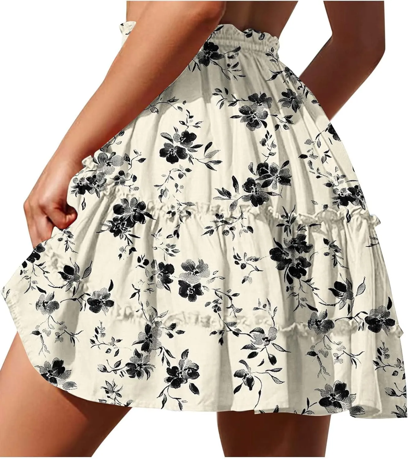 Flowy Skirts for Women Summer Beach Vacation Casual Boho Floral Print Ruffle Tiered Skorts High Waist Mini Skirts