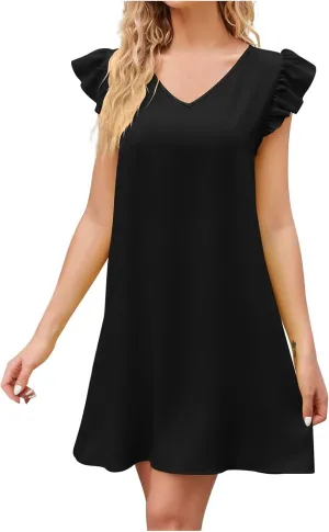 hlysgo Women Dress Trendy Summer Frill Sleeve V Neck Mini Dress Casual Loose Fit Knee Length Going Out Dresses for Teen Girl