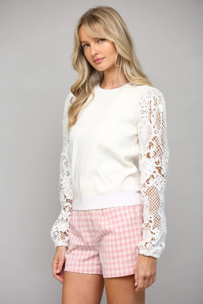 Lace Sleeve Crew Neck Sweater