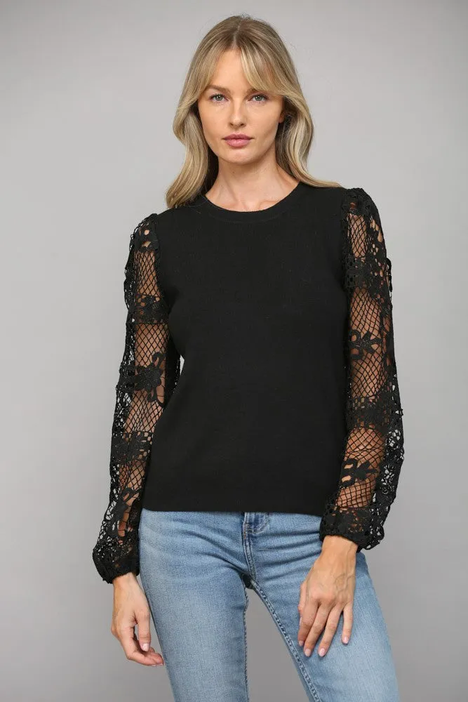 Lace Sleeve Crew Neck Sweater