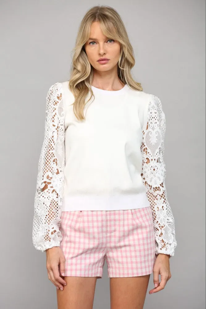 Lace Sleeve Crew Neck Sweater
