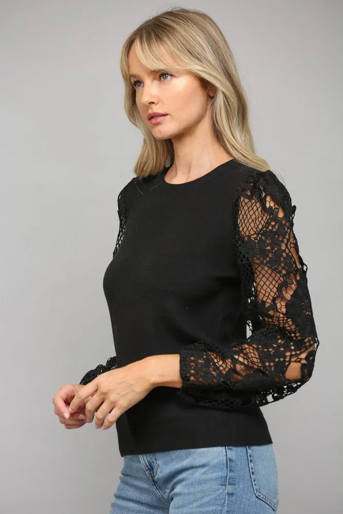 Lace Sleeve Crew Neck Sweater