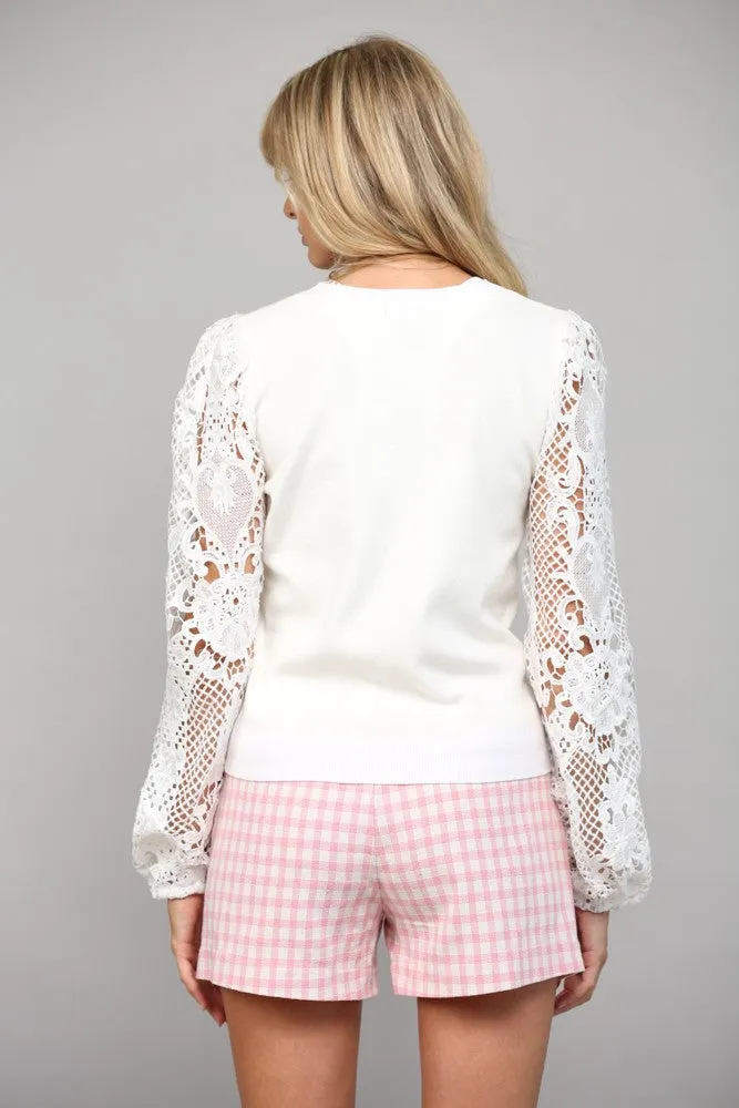 Lace Sleeve Crew Neck Sweater