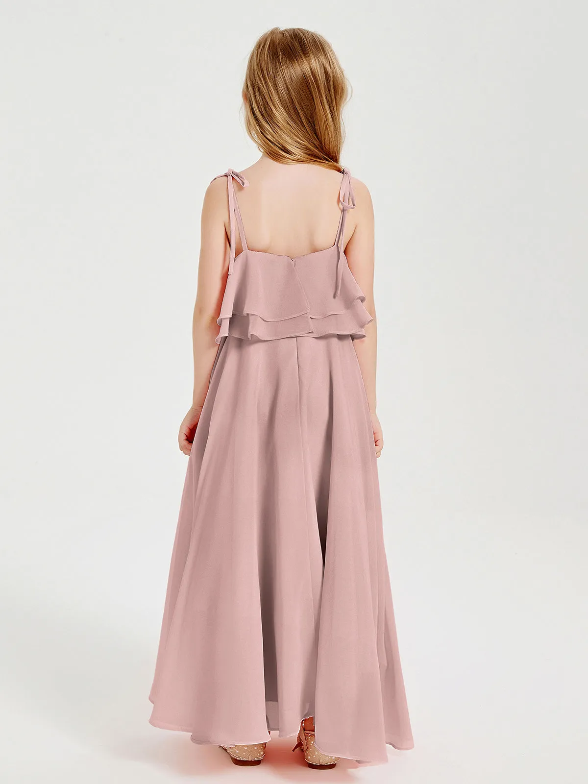 Long Chiffon Junior Bridesmaid Dresses Bowknot Spaghetti Straps Dusty Rose