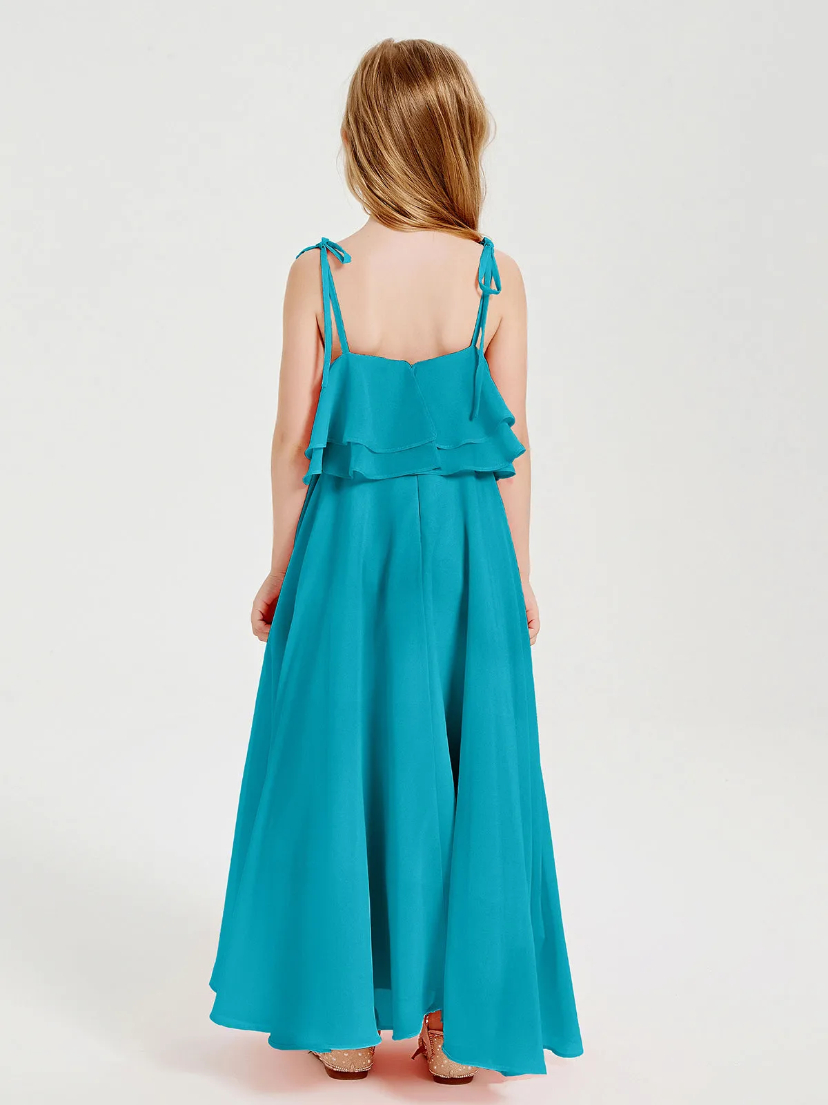 Long Chiffon Junior Bridesmaid Dresses Bowknot Spaghetti Straps Jade