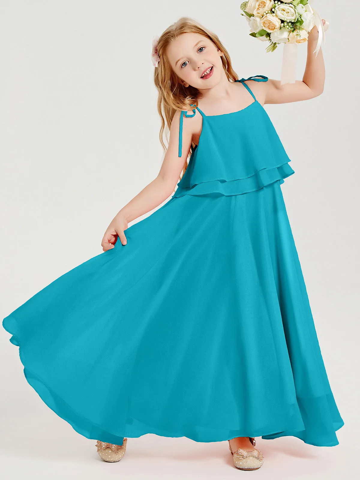 Long Chiffon Junior Bridesmaid Dresses Bowknot Spaghetti Straps Jade