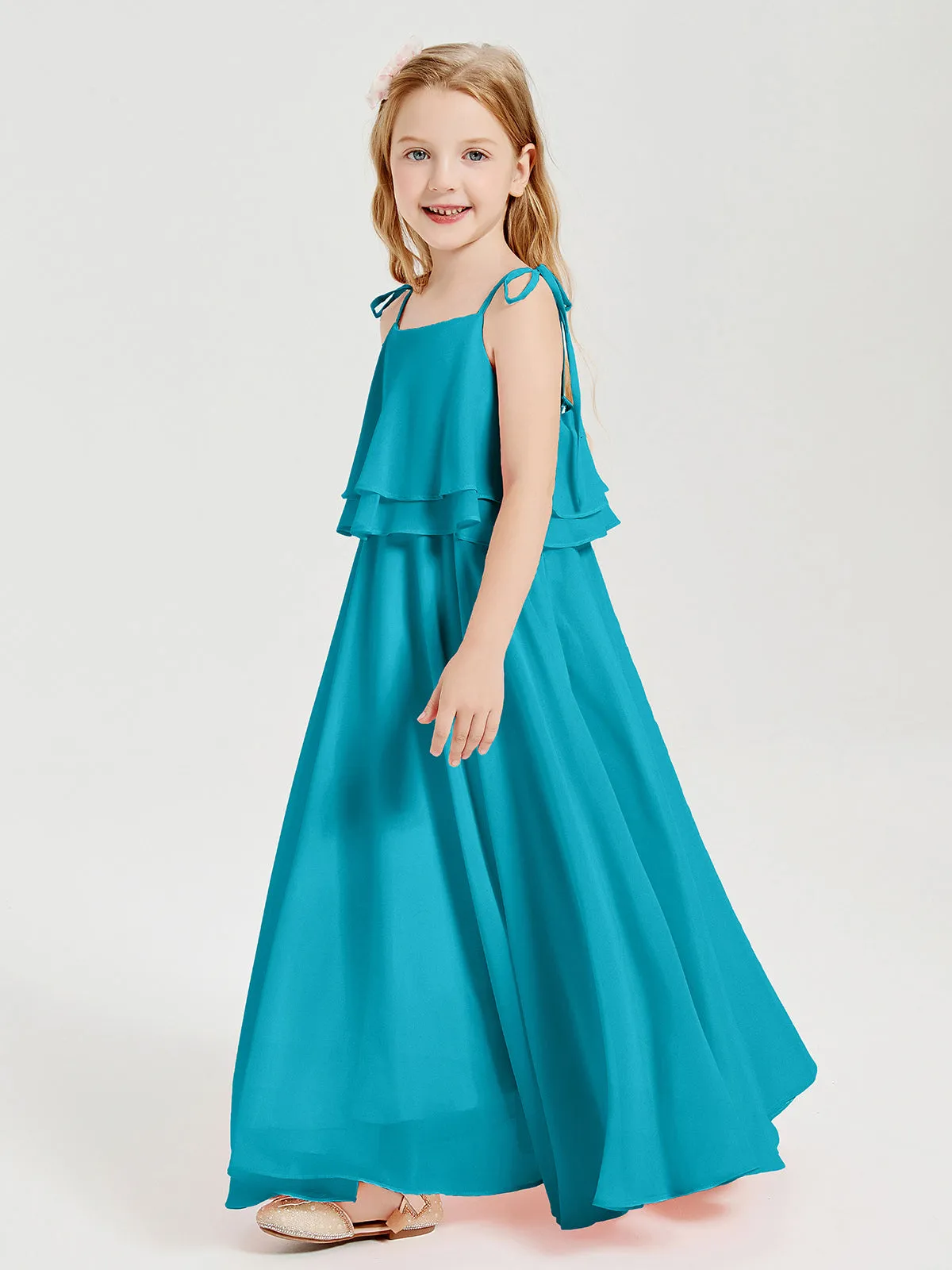 Long Chiffon Junior Bridesmaid Dresses Bowknot Spaghetti Straps Jade