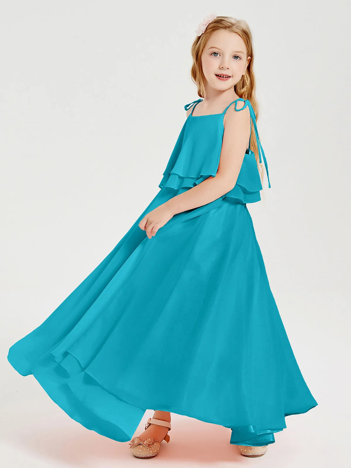Long Chiffon Junior Bridesmaid Dresses Bowknot Spaghetti Straps Jade