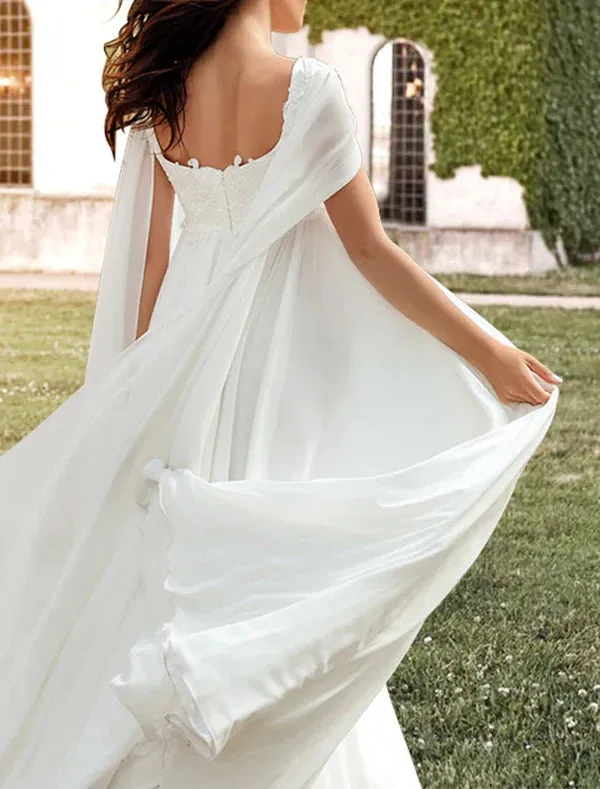 Luolandi Hall Casual Wedding Dresses A-Line Square Neck Sleeveless Sweep / Brush Train Chiffon Bridal Gowns With Pleats Appliques Beautiful