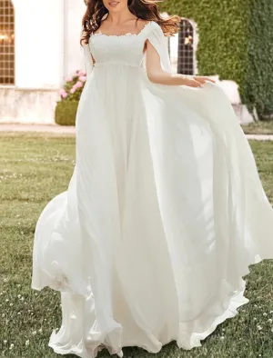 Luolandi Hall Casual Wedding Dresses A-Line Square Neck Sleeveless Sweep / Brush Train Chiffon Bridal Gowns With Pleats Appliques Beautiful