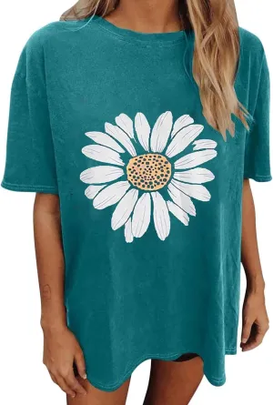 Oversized Tshirts for Women Flower Graphic Tees Cute Casual Crewneck Printed Shirts Funny Short Sleeve Tops
