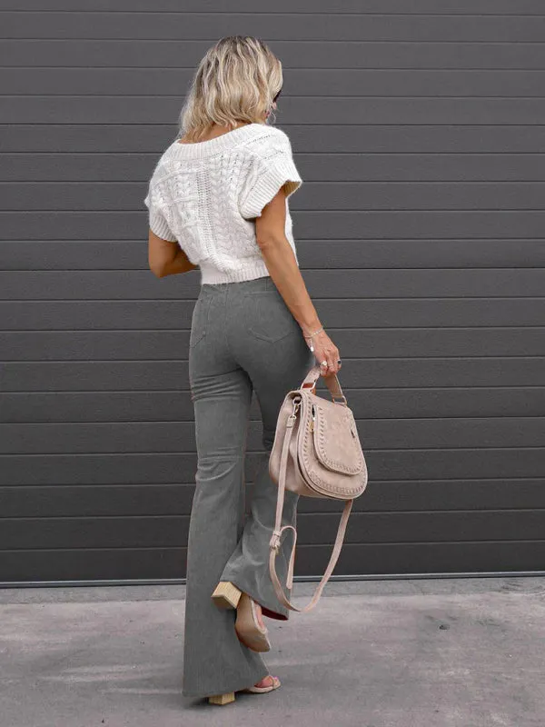 Solid Color High Waist Slim Flared Pants Corduroy High Waist Casual Pants