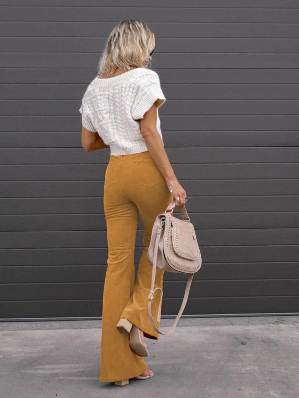 Solid Color High Waist Slim Flared Pants Corduroy High Waist Casual Pants