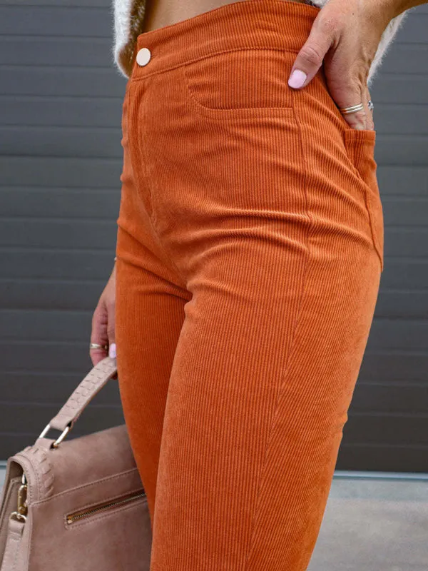 Solid Color High Waist Slim Flared Pants Corduroy High Waist Casual Pants