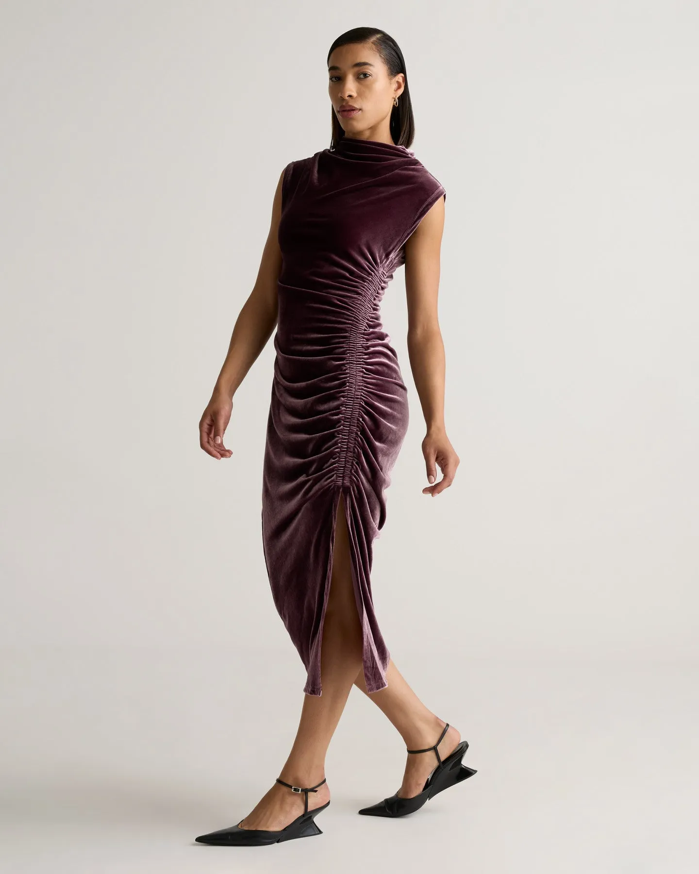 Stretch Silk Velvet Ruched Midi Dress