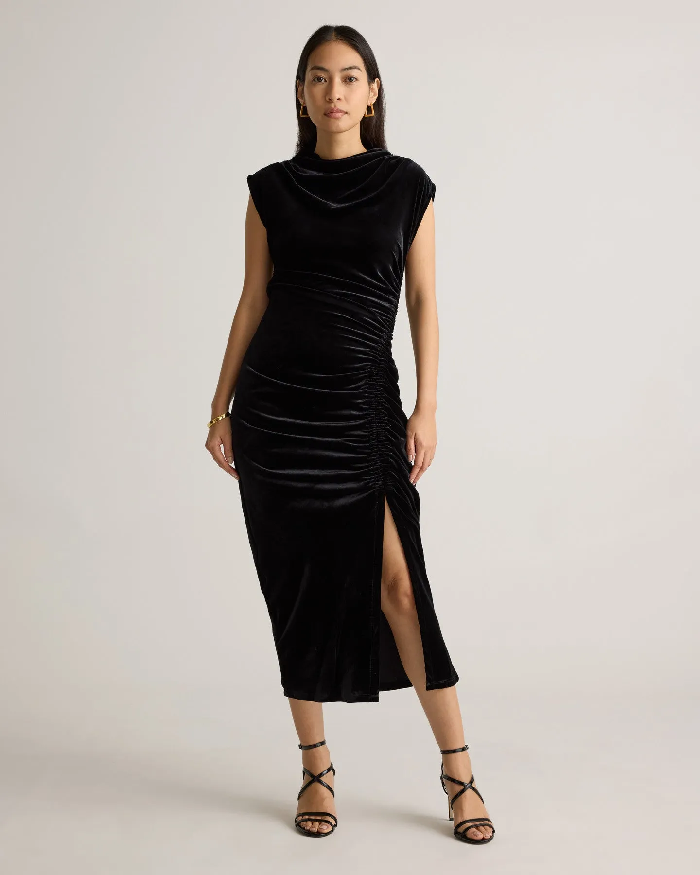 Stretch Silk Velvet Ruched Midi Dress