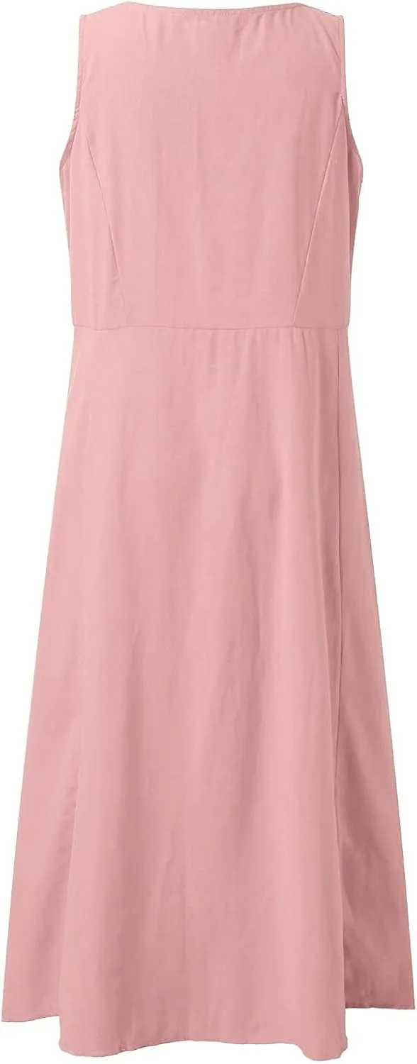Sun Dresses for Women Casual Beach Plus Size Trendy Summer Linen V Neck T Shirt Dress Baggy Sleeveless Maxi Sundress