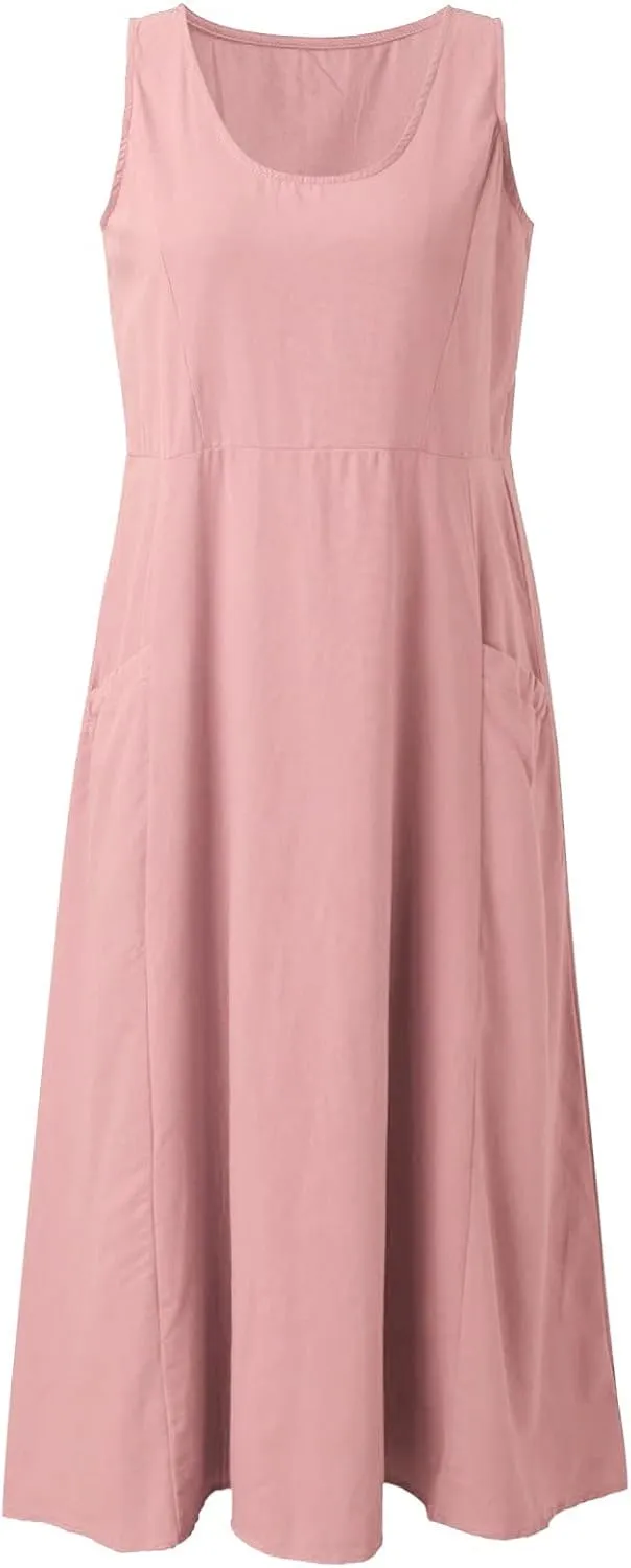 Sun Dresses for Women Casual Beach Plus Size Trendy Summer Linen V Neck T Shirt Dress Baggy Sleeveless Maxi Sundress
