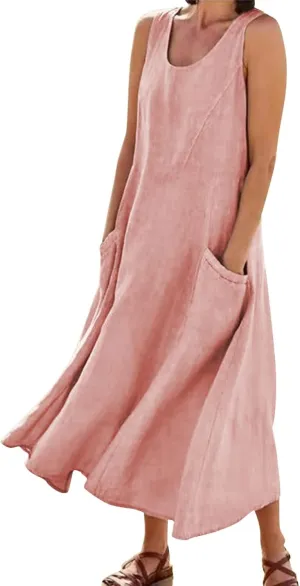Sun Dresses for Women Casual Beach Plus Size Trendy Summer Linen V Neck T Shirt Dress Baggy Sleeveless Maxi Sundress