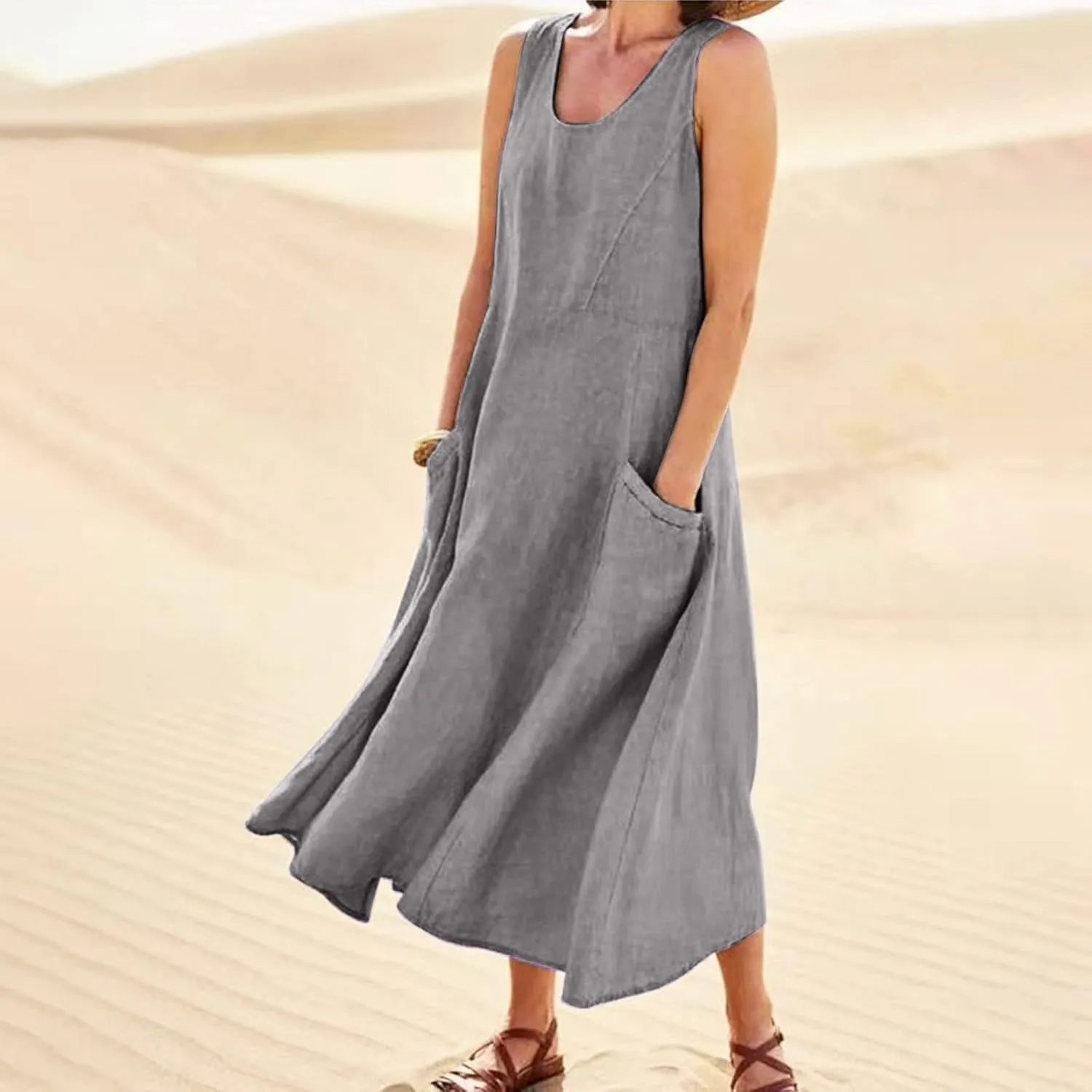 Sun Dresses for Women Casual Beach Plus Size Trendy Summer Linen V Neck T Shirt Dress Baggy Sleeveless Maxi Sundress
