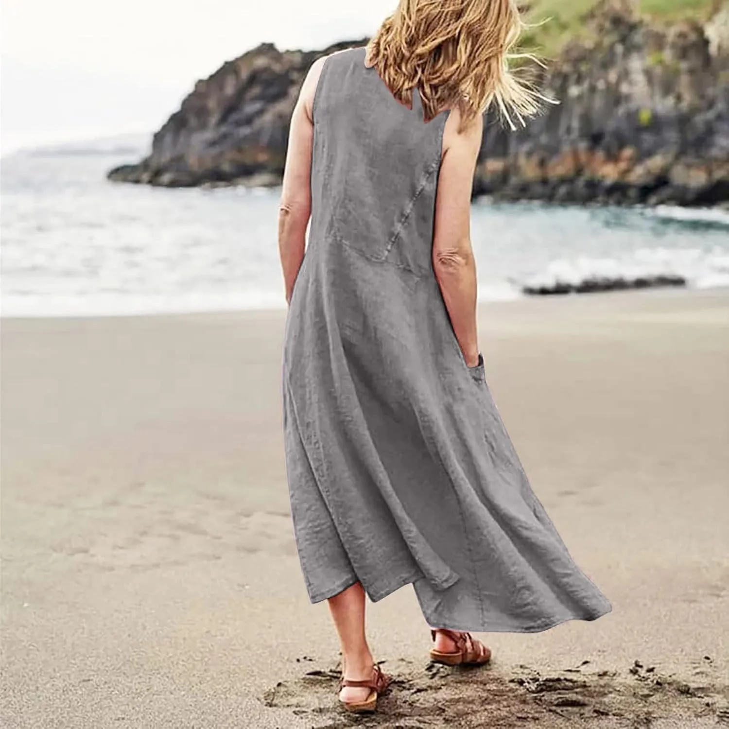 Sun Dresses for Women Casual Beach Plus Size Trendy Summer Linen V Neck T Shirt Dress Baggy Sleeveless Maxi Sundress