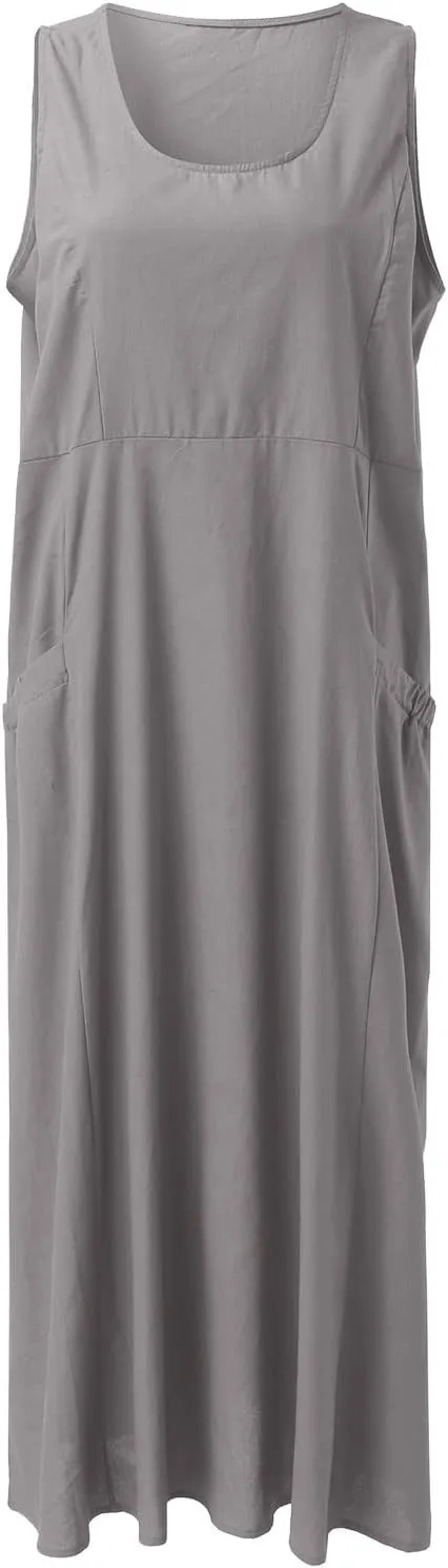 Sun Dresses for Women Casual Beach Plus Size Trendy Summer Linen V Neck T Shirt Dress Baggy Sleeveless Maxi Sundress