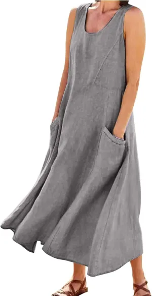 Sun Dresses for Women Casual Beach Plus Size Trendy Summer Linen V Neck T Shirt Dress Baggy Sleeveless Maxi Sundress