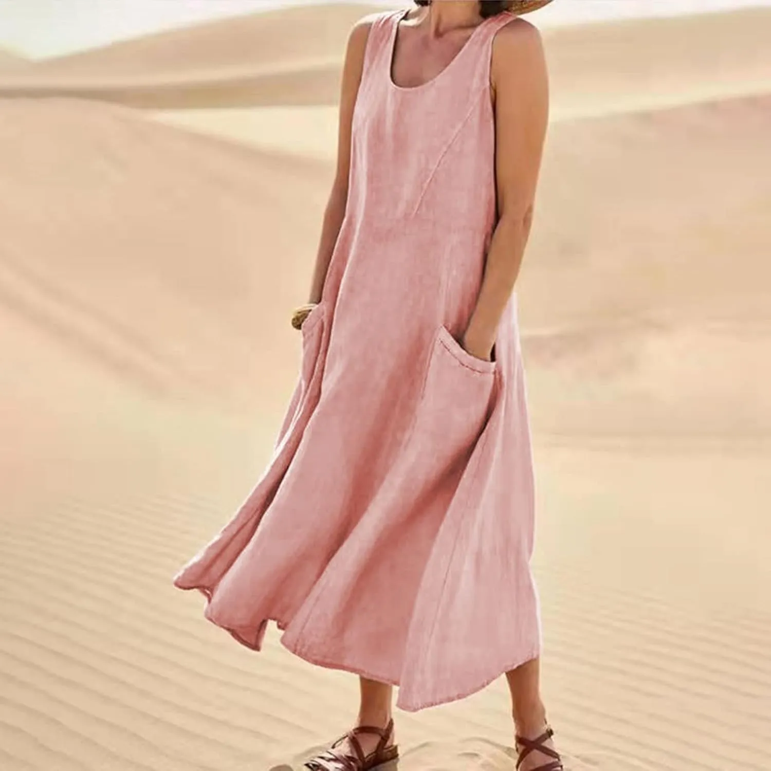Sun Dresses for Women Casual Beach Plus Size Trendy Summer Linen V Neck T Shirt Dress Baggy Sleeveless Maxi Sundress