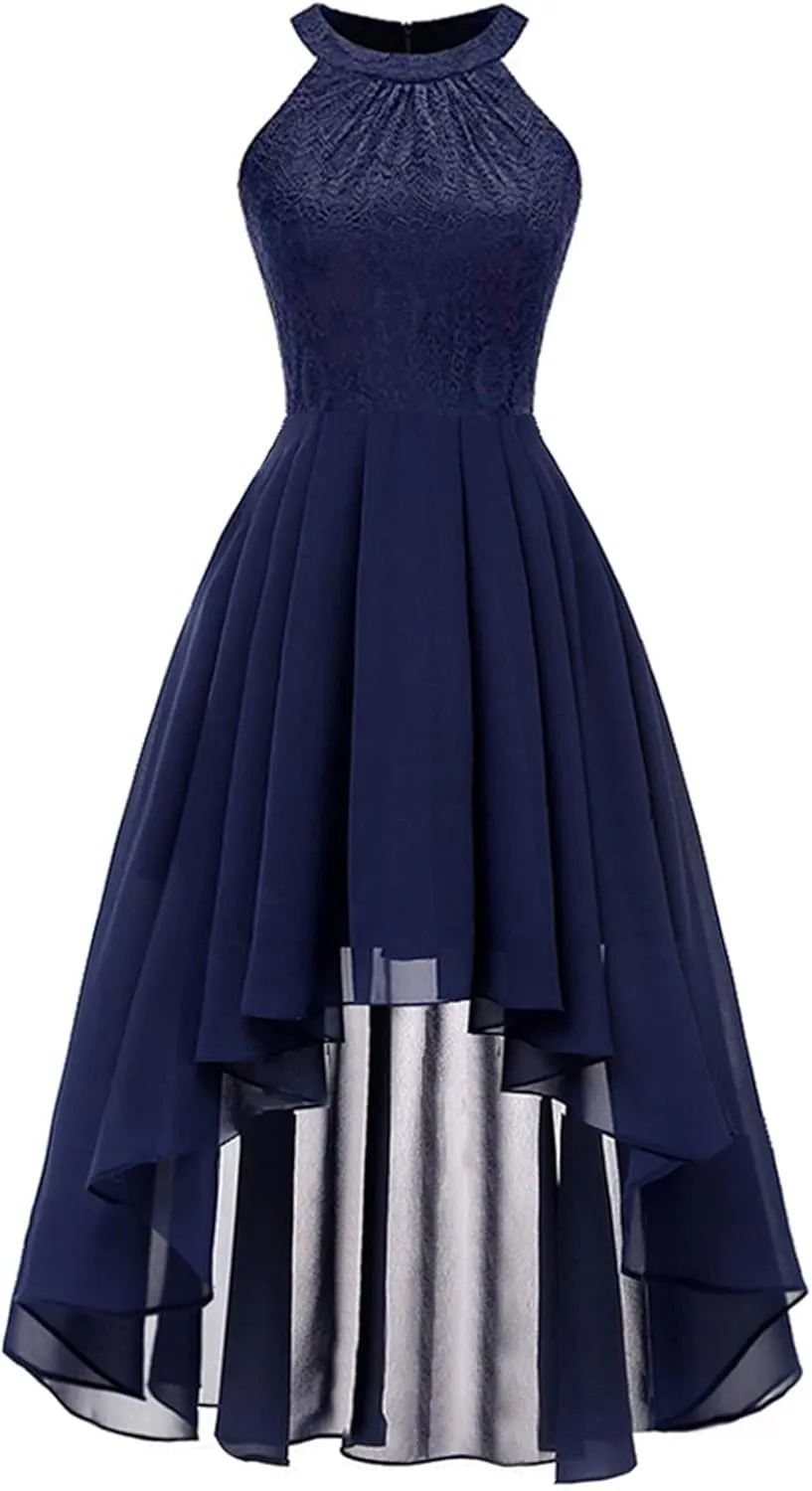Wedding Guest Dresses for Women Trendy Lace Halter Neck Sleeveless Midi Dress Elegant Ladies High Low Hem Prom Dress
