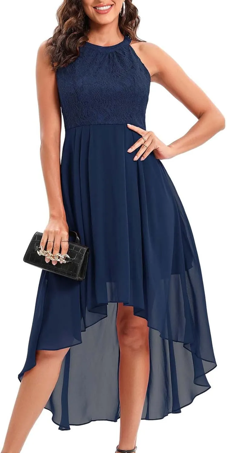 Wedding Guest Dresses for Women Trendy Lace Halter Neck Sleeveless Midi Dress Elegant Ladies High Low Hem Prom Dress