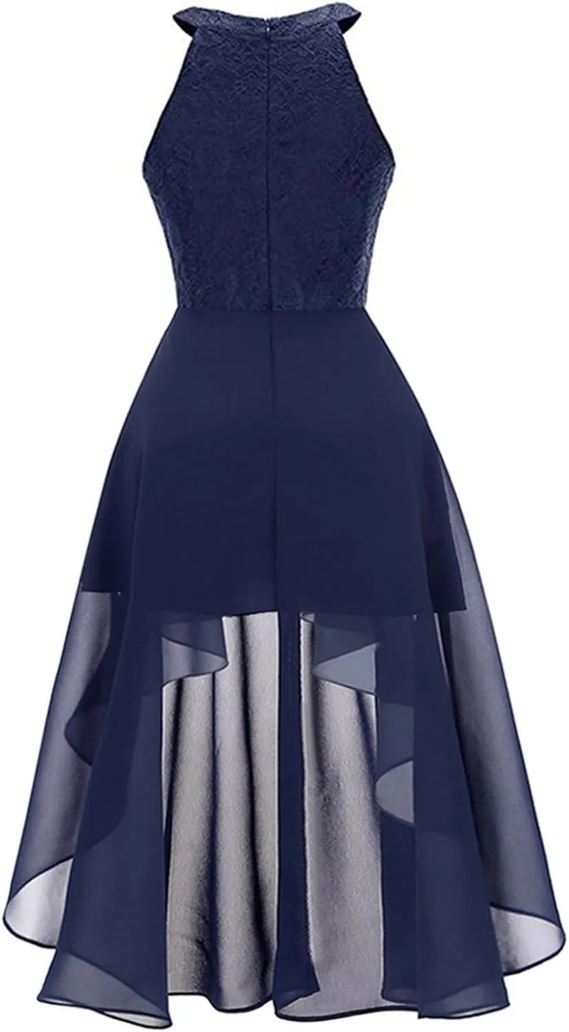 Wedding Guest Dresses for Women Trendy Lace Halter Neck Sleeveless Midi Dress Elegant Ladies High Low Hem Prom Dress