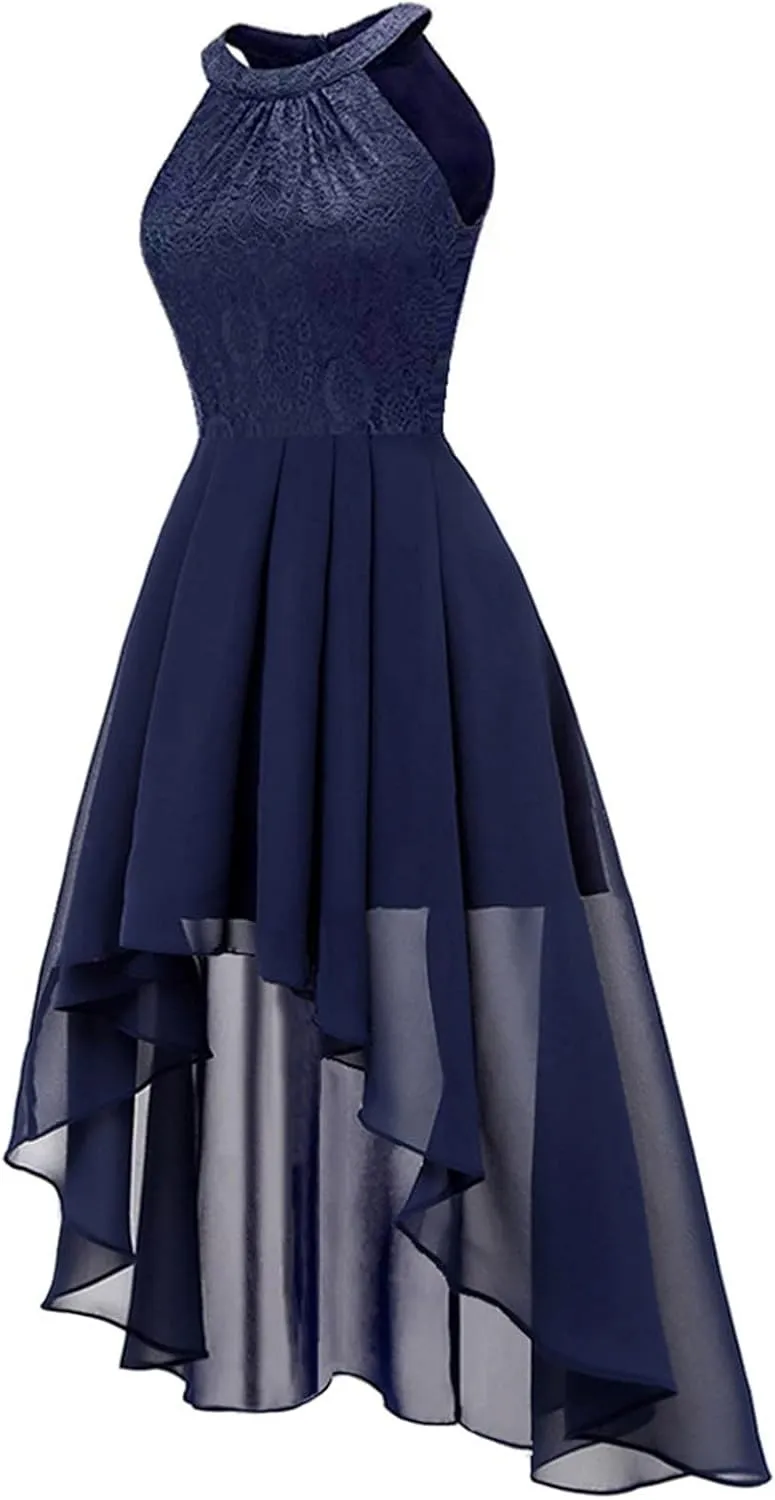 Wedding Guest Dresses for Women Trendy Lace Halter Neck Sleeveless Midi Dress Elegant Ladies High Low Hem Prom Dress